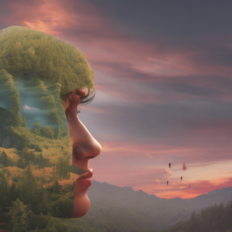 AI generated: Double Exposure Human-Nature, trees, flowers, mountain, sunset, nature mind, expressive creative art...