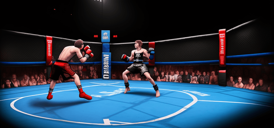 AI generated: Cinematic, colorfull, High Contrast,Two fighters are fighting in the cage. Many spectators. The refe...