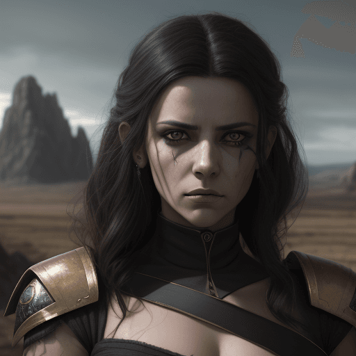 AI generated: Reyna from Valorant with a vengeful look in her eyes, focusing on her face with a landscape behind h...