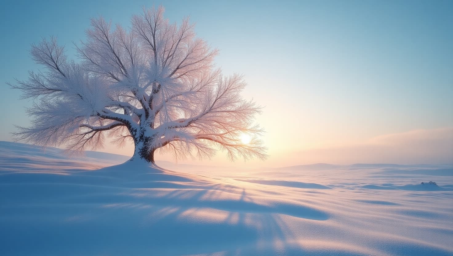 AI generated: A serene winter wonderland scene featuring a majestic frozen tree, its delicate branches etched agai...