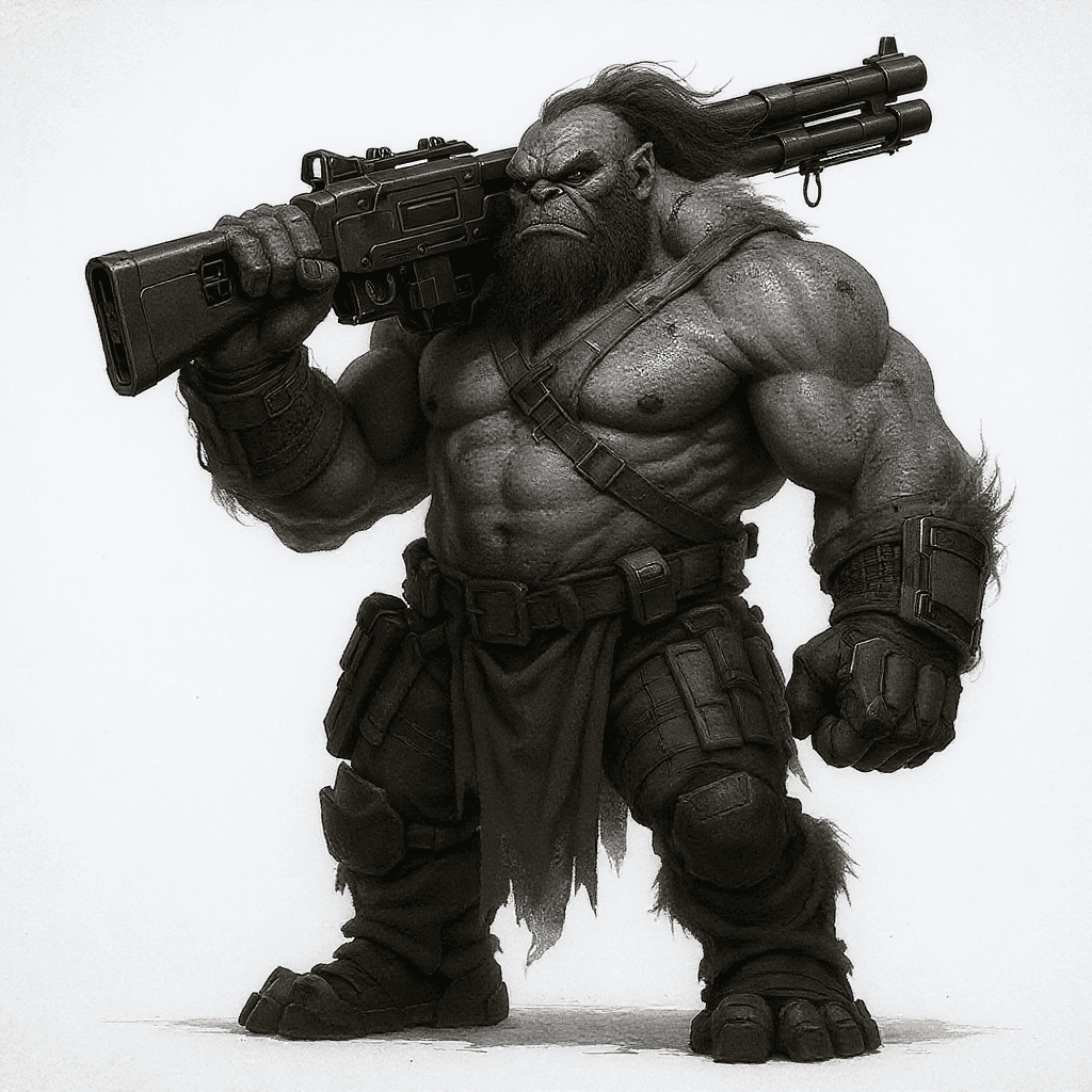 AI generated: A towering troll from the Shadowrun universe, a streetsamurai bounty hunter, stands confidently in a...