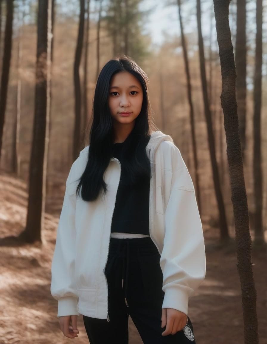 AI generated: A real photo of a blonde instagram influencer taking a hike in the woods on a sunny warm day ultra r...