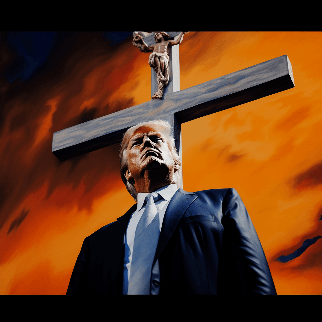 AI generated: orange colored jesus, donald trump, cross in background 
