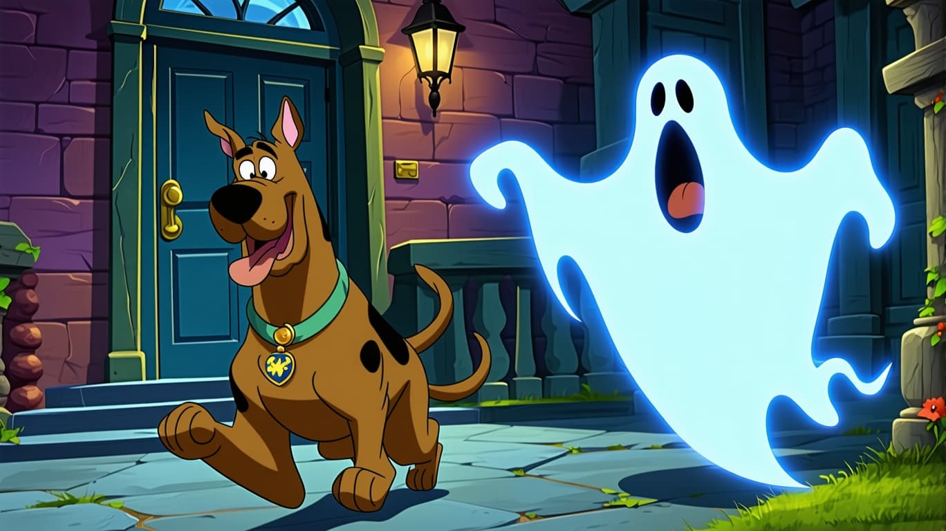 AI generated: A classic 70s animation style image of Scooby Doo and Shaggy running away from a ghost inside a haun...