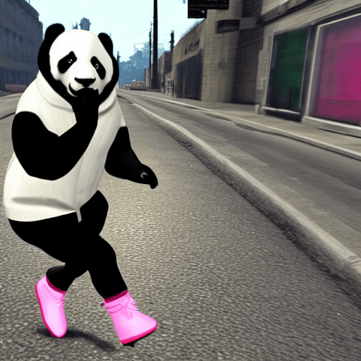 AI generated: in the style of gta V, a thief black and white panda wearings: a black bowler hat, a tartan bowtie, ...