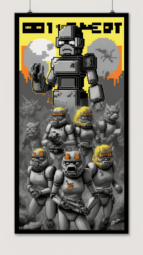 AI generated: mono pixelated poster, signed by"101", a digital illustration of a robot rebels, highly detailed vin...
