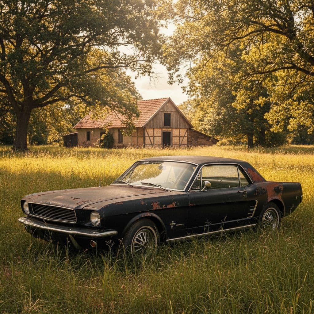 AI generated: A vintage, rusted black 1966 mustang fastback, positioned prominently in an overgrown grassy area, e...