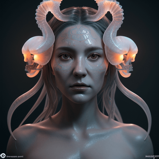 AI generated: Goddess close-up portrait ribcagel. jellyfish phoenix head, nautilus, orchid, skull, betta fish, bio...