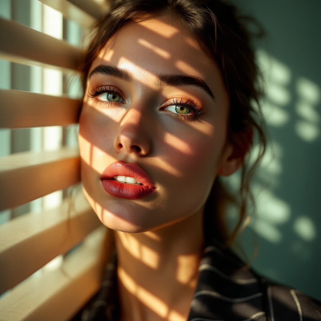 AI generated: Close-up portrait of a woman illuminated by soft, warm afternoon light streaming through window blin...