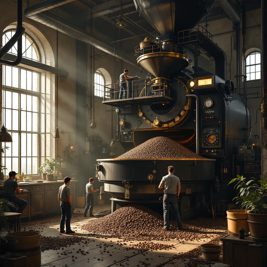 AI generated: In a remote corner of the café, a monstrous coffee roaster rumbles to life. The sound of heavy machi...