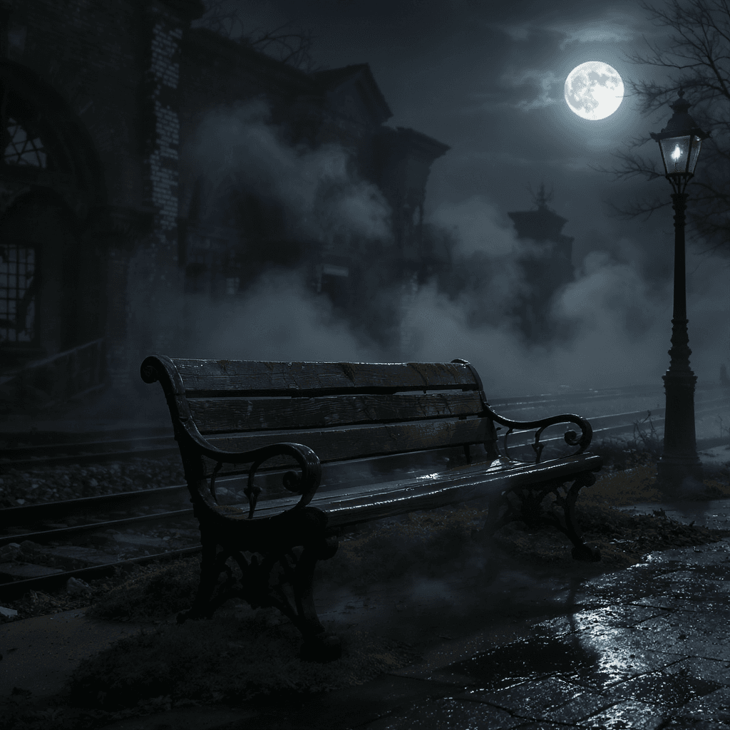 AI generated: "Old wooden bench in front of a sinister abandoned European train station, inspired by 'Sweeney Todd...