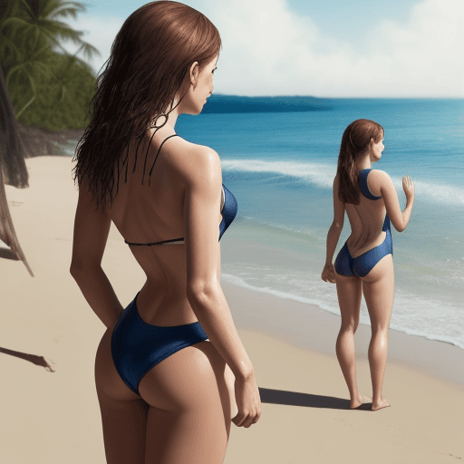 AI generated: realistic women from the back in swimsuit standing on a beach with a swimring in her hand and a big ...