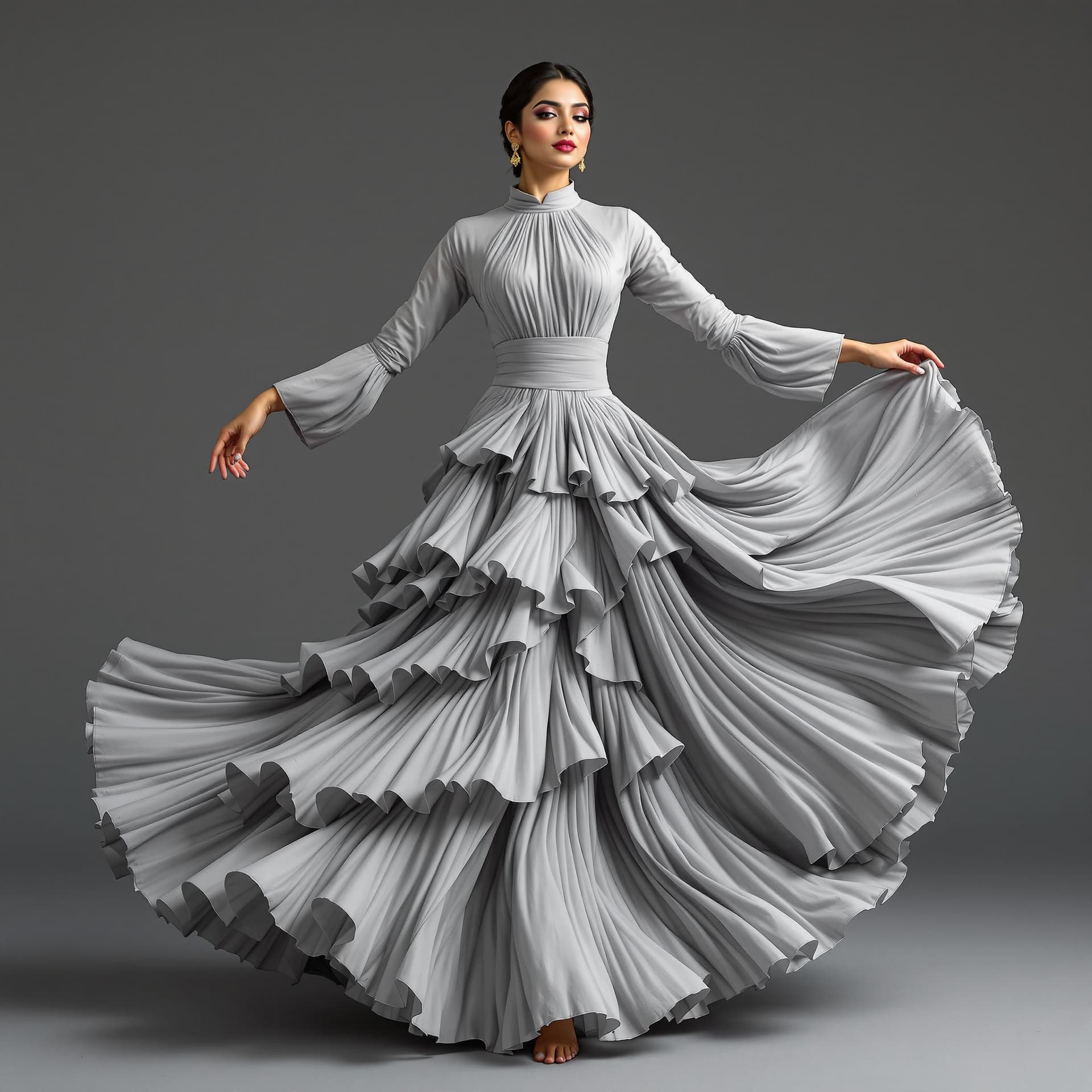 AI generated: The image is a full-length portrait of an Indian woman dancing in a flowing grey dress. The dress fe...