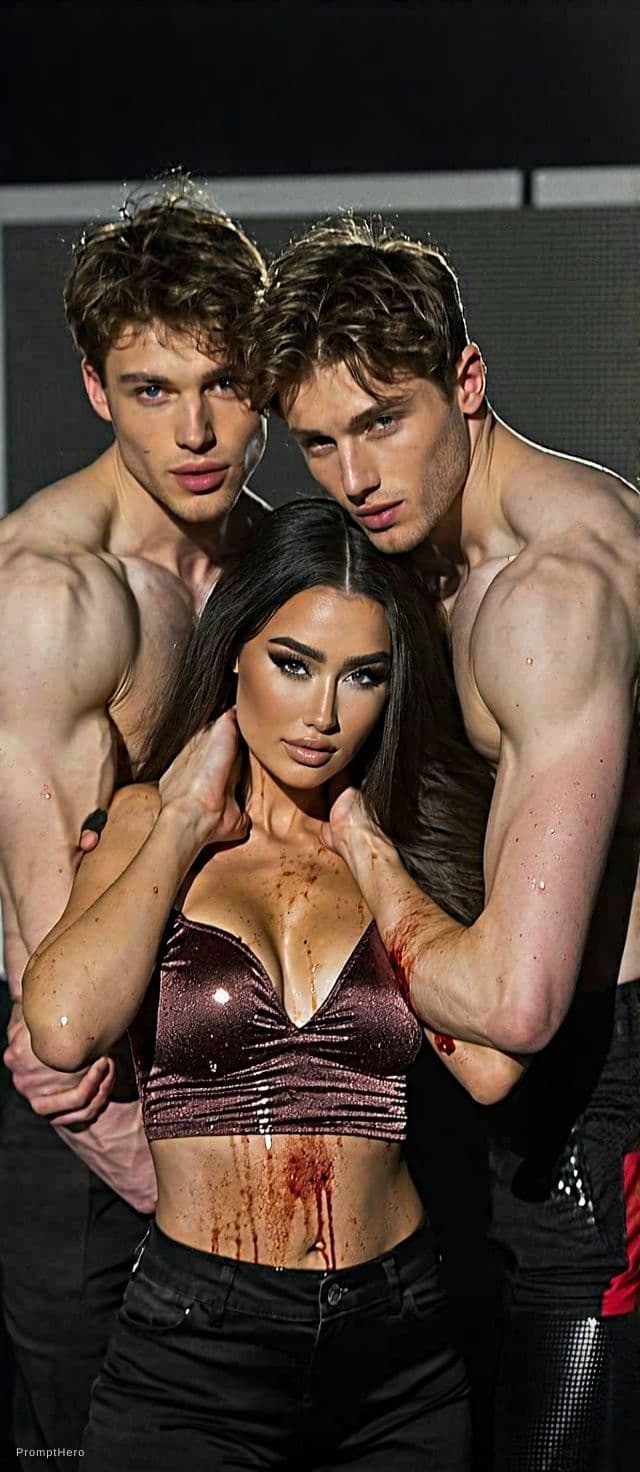 AI generated: Ugly fat men left and right of her holding her neck. Woman looking at the camera. Underwear model wo...