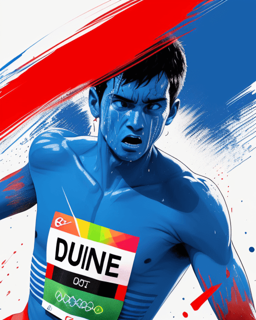 AI generated: Duotone colors art, Athlete on the verge of breaking a red ribbon at the finish line of an Olympic r...
