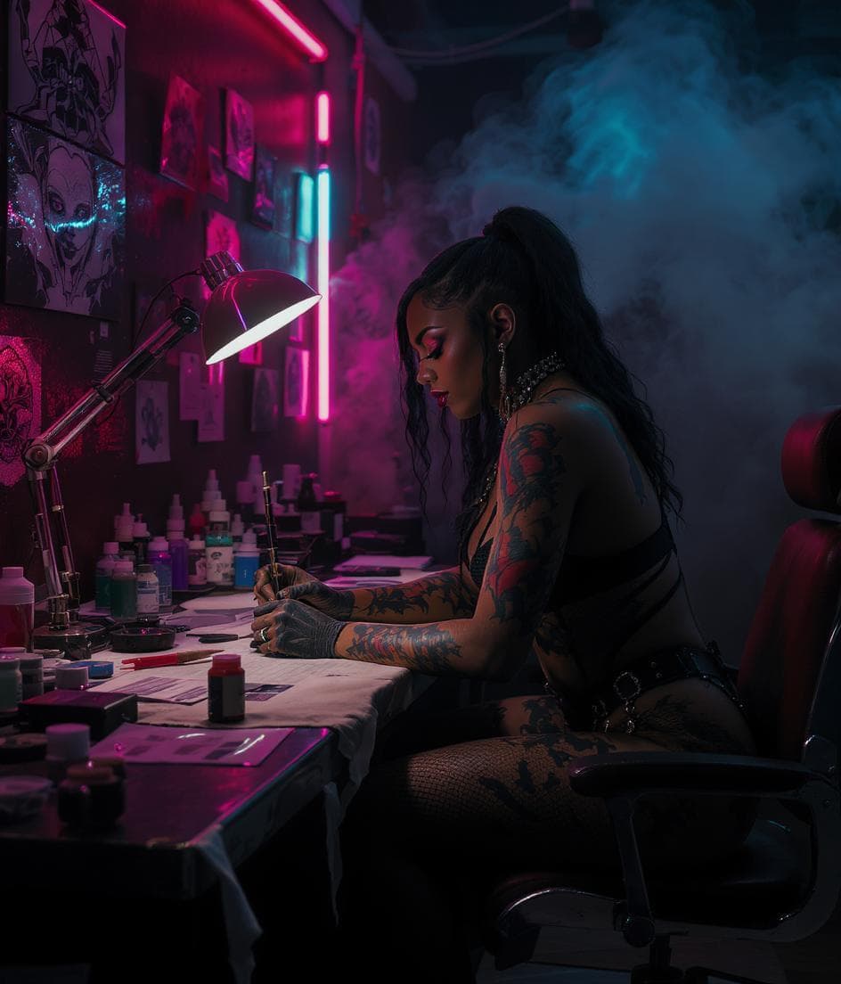 AI generated: an artistic tattoo parlor, characterized by a dark ambiance accentuated with vibrant neon lighting i...