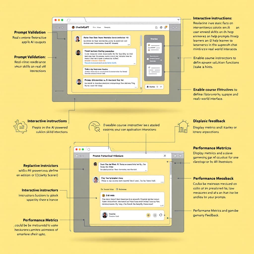 AI generated: A desktop wireframes of an interface on an ed tech platform with  
key features that enhance interac...