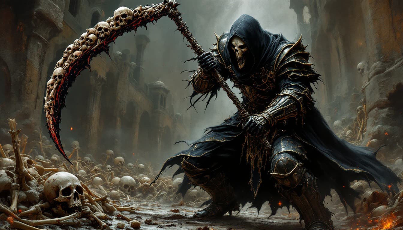 AI generated: painting in the style of a dark fantasy artist of the grim reaper fighting in full plate armor, swin...