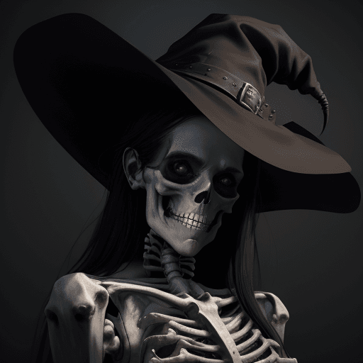 AI generated: the vampire witch with hat and skeleton looking, in the style of eve ventrue, vray tracing, paul hed...