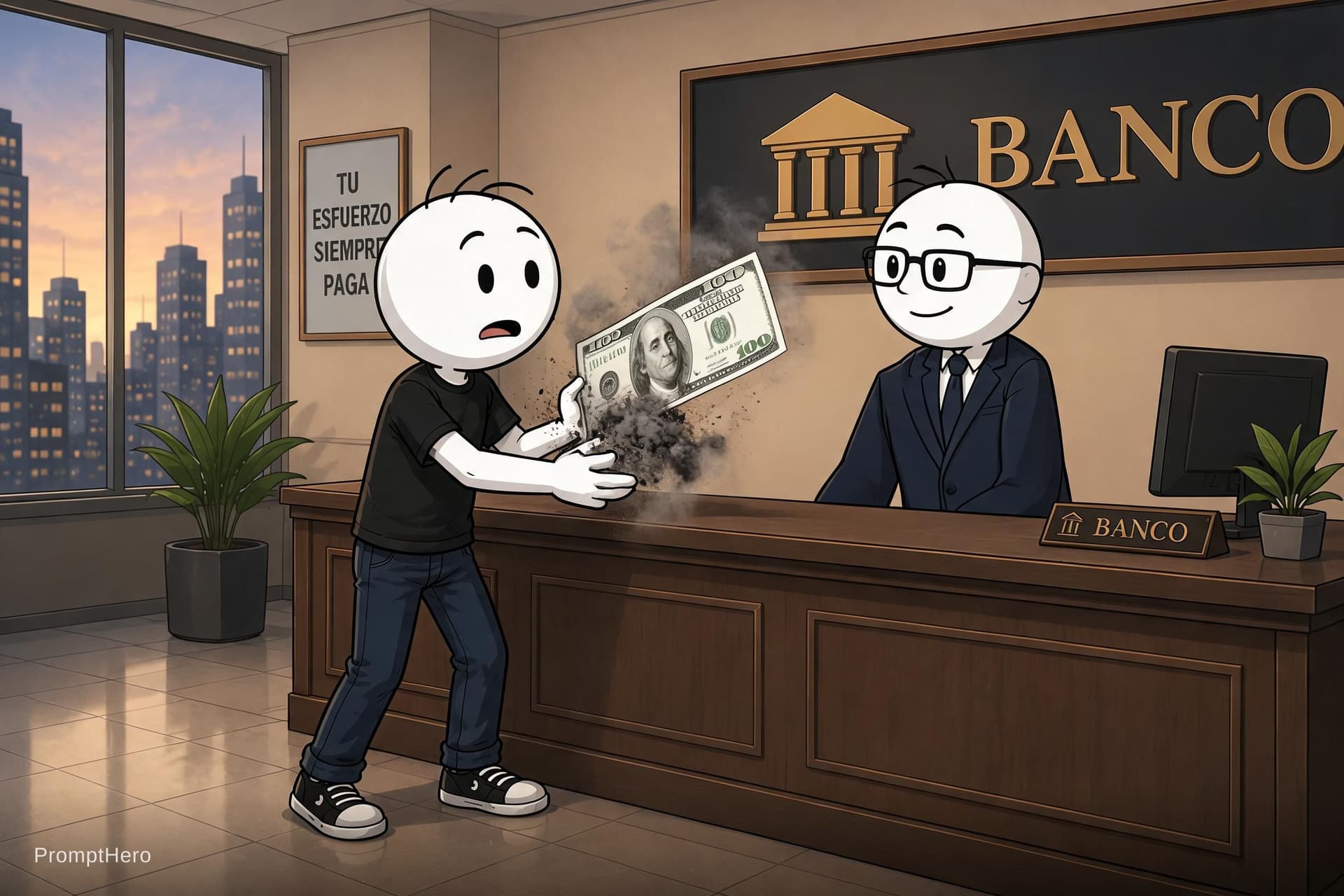 AI generated: El Stickman intenta atrapar un billete de $100 que vuela, pero el billete se desintegra en ceniza en...
