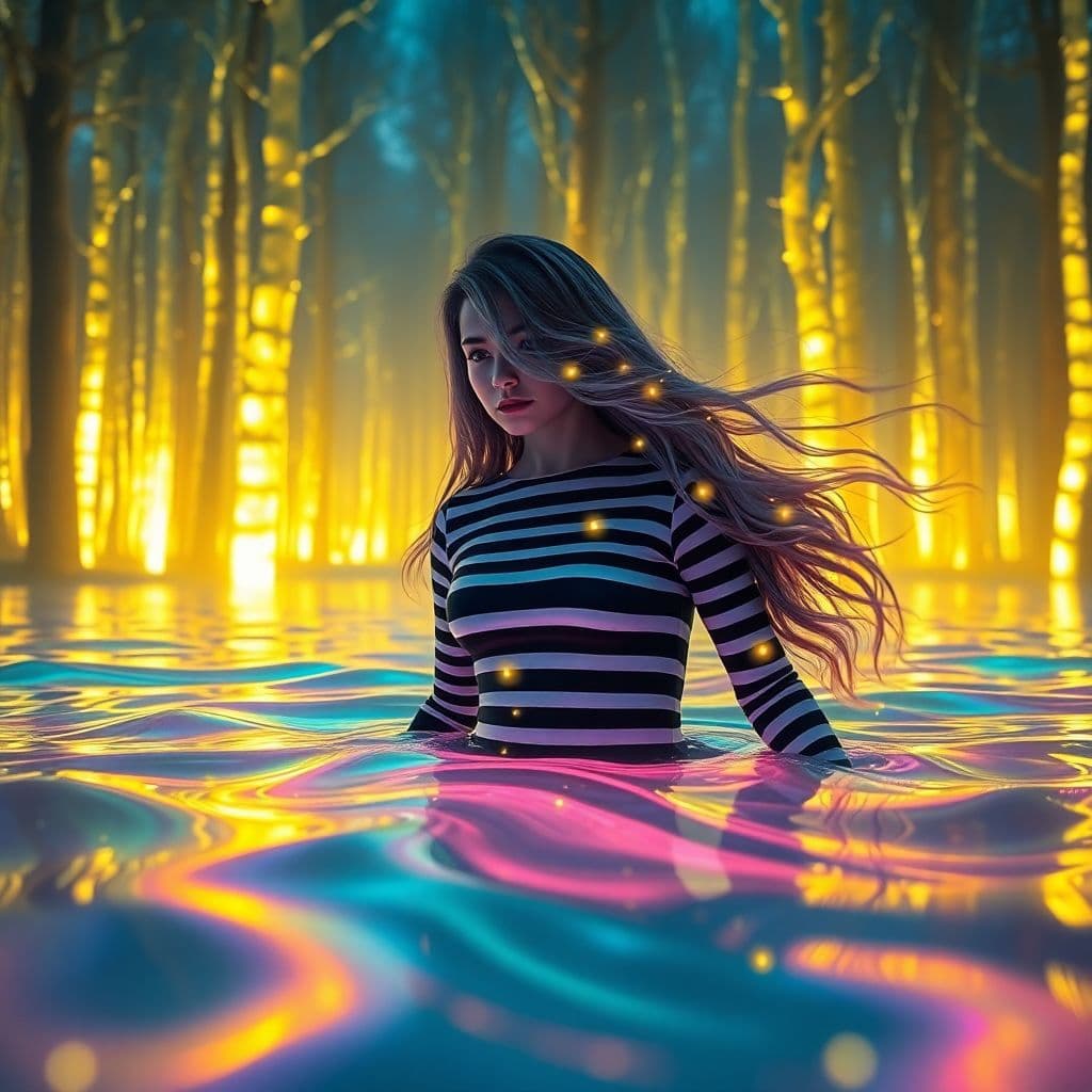 AI generated: Enhancing the surreal scene of the striped lady emerging from wavy striped liquid, let's add an elem...
