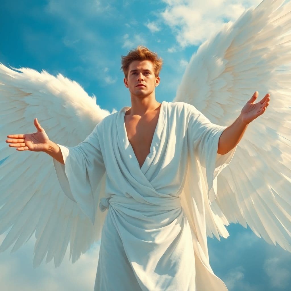 AI generated: An artist's drawing of a masculine male, a strong angel, light brown hair, a clean-shaven face, arms...