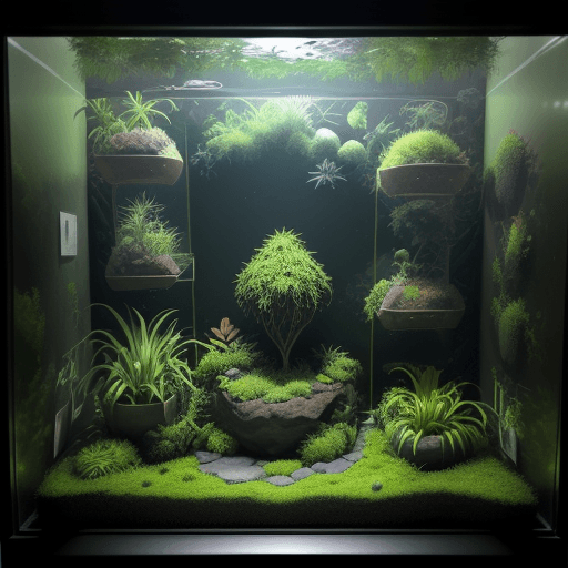 AI generated: dark and green vegetation diorama in an terrarium embeded in a wall  in an diagonal reactangle going...