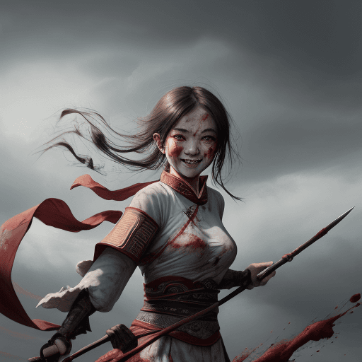 AI generated: 1girl, blood on face, smile, holding spear, (flying), chinese mythology,cloudy, detailed sky, abstra...