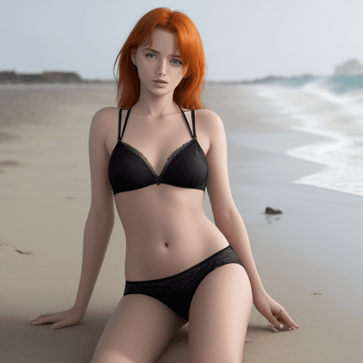 AI generated: jeune femme rousse, avec des tâches de rousseur, avec des nattes, en soutien gorge et string noirs, ...