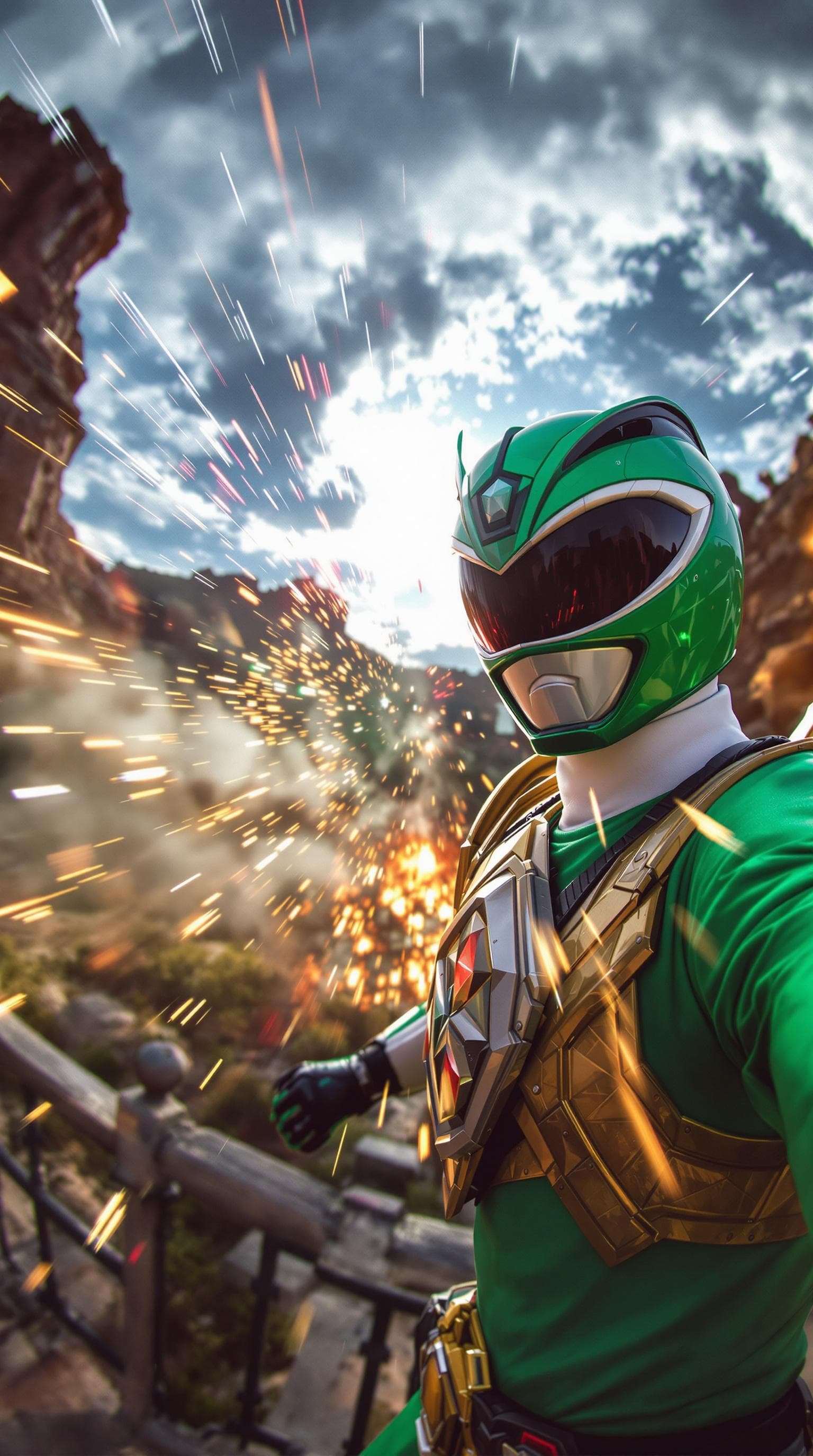 AI generated: green power ranger taking a selfie doing a epic battle.   make it cinematic and shot with a wide ang...