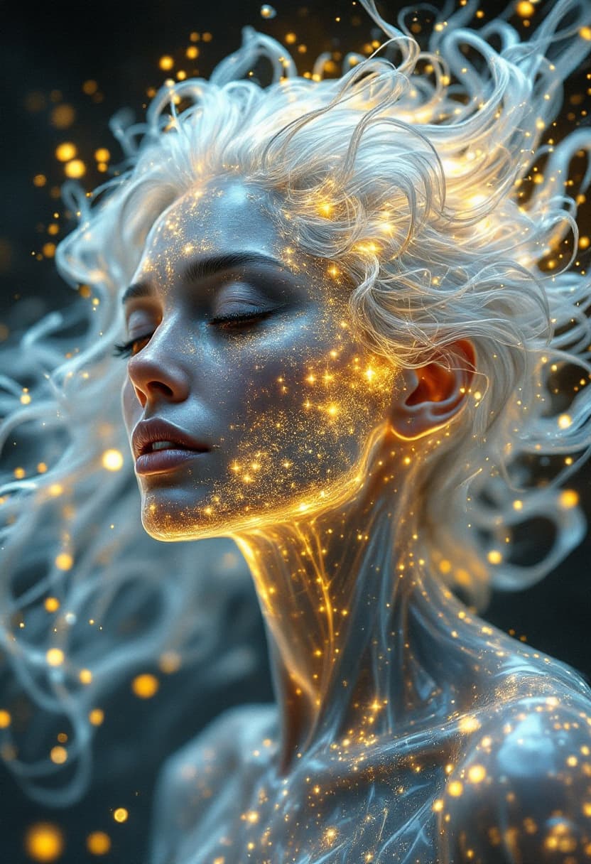 AI generated: A photorealistic 4K image of a elderly woman with transparent, crystal-like skin, glowing from withi...
