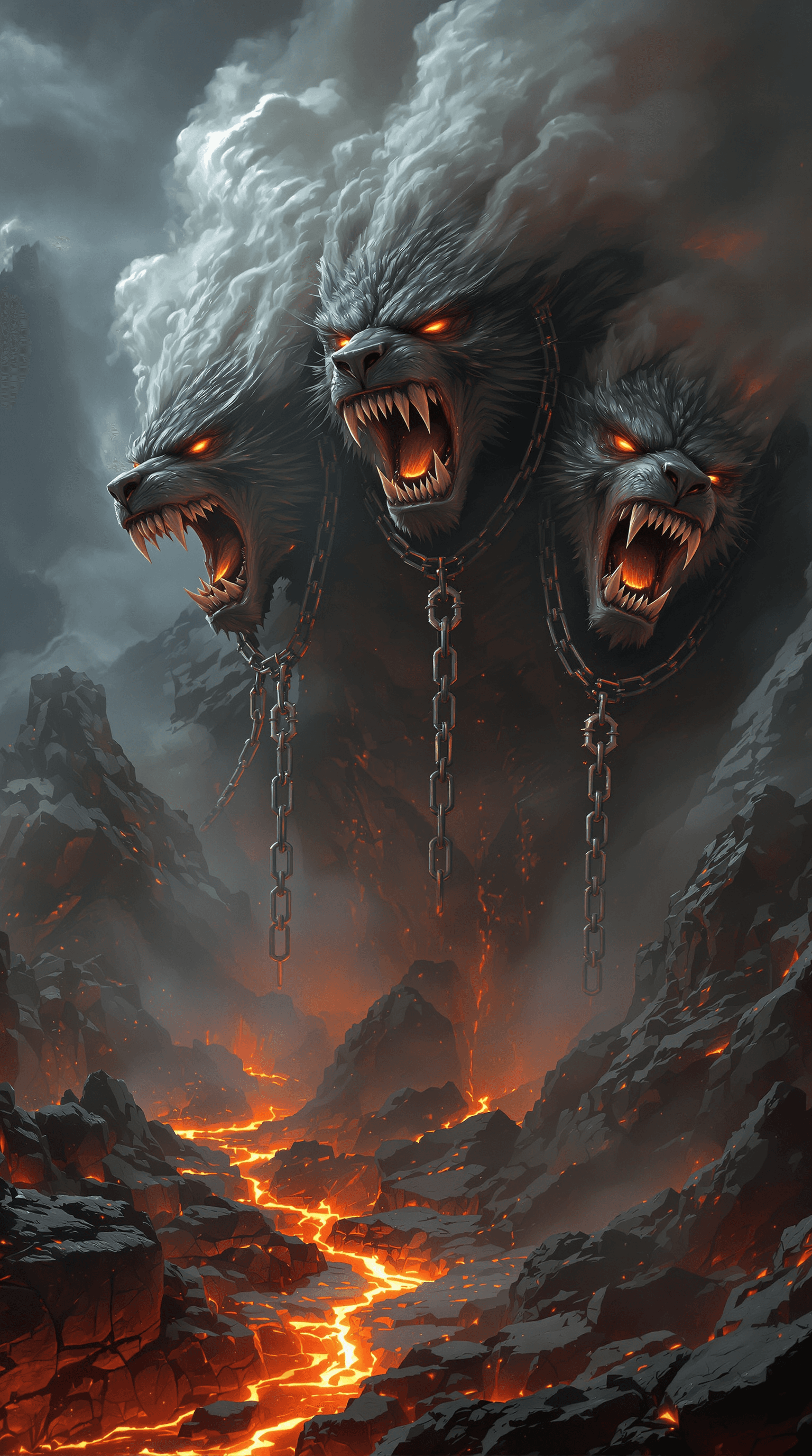 AI generated: (Ultra-high definition, Hyper-realistic:1.5) A legendary depiction of the three-headed Cerberus guar...