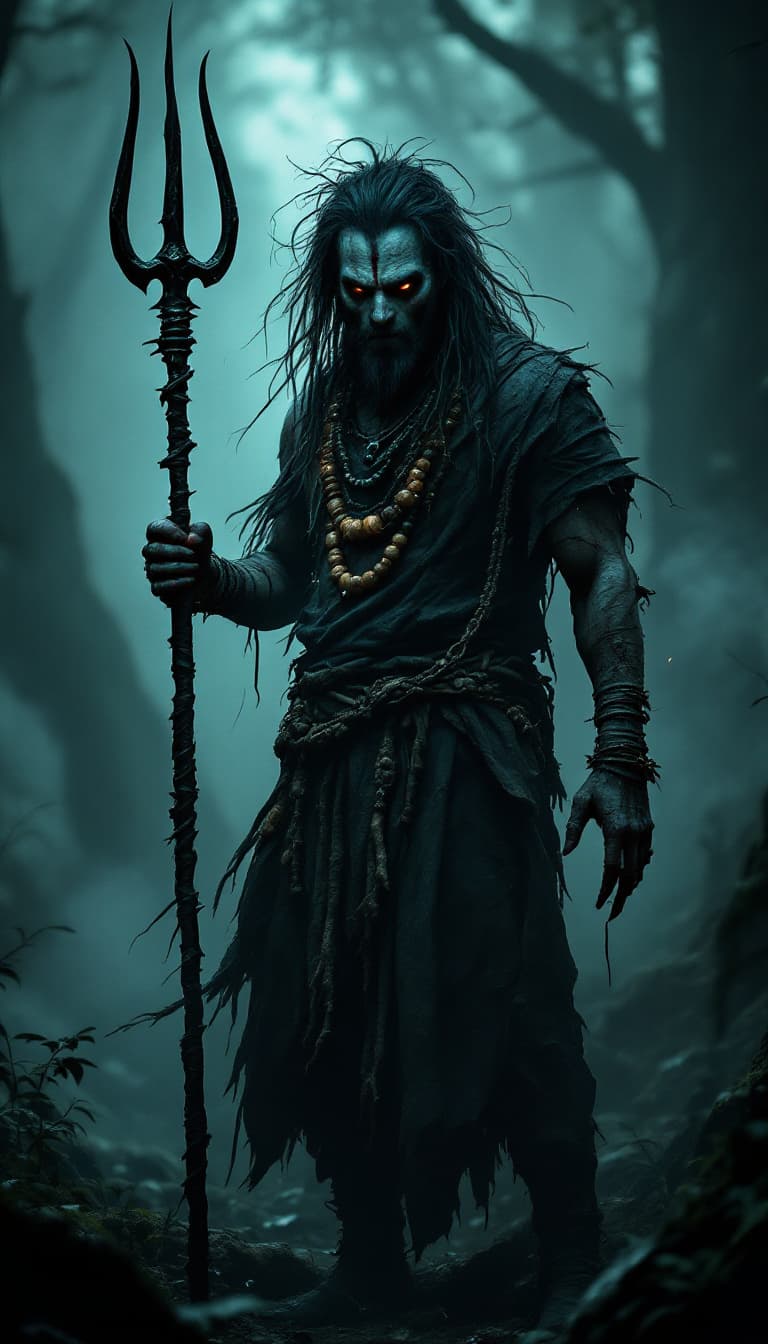 AI generated: high definition photo, creepy serious looks ,  tantrik character set in a dark, misty forest at nigh...