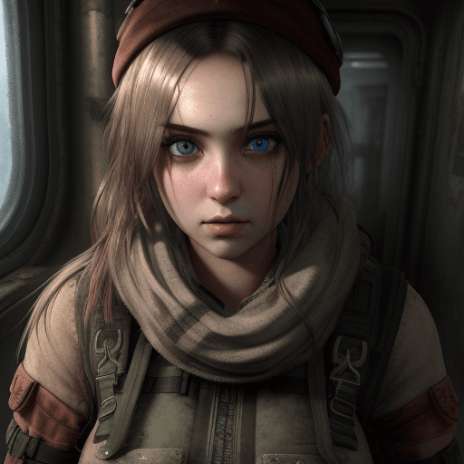 AI generated: Seductive looking Anna Miller from Metro Exodus, with long hair, beautiful eyes.