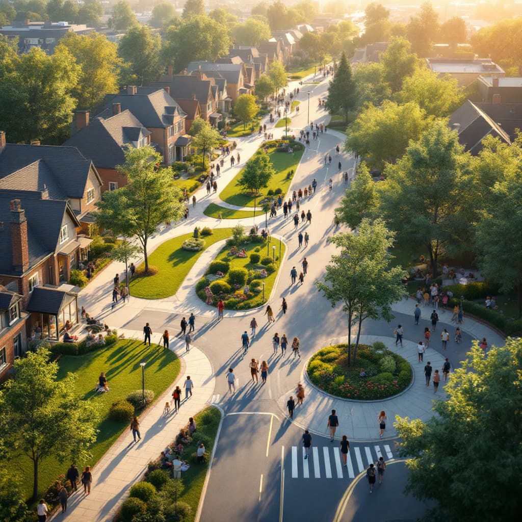 AI generated: A photo-realistic or painterly image of a thoughtfully connected community, seen from a slightly ele...