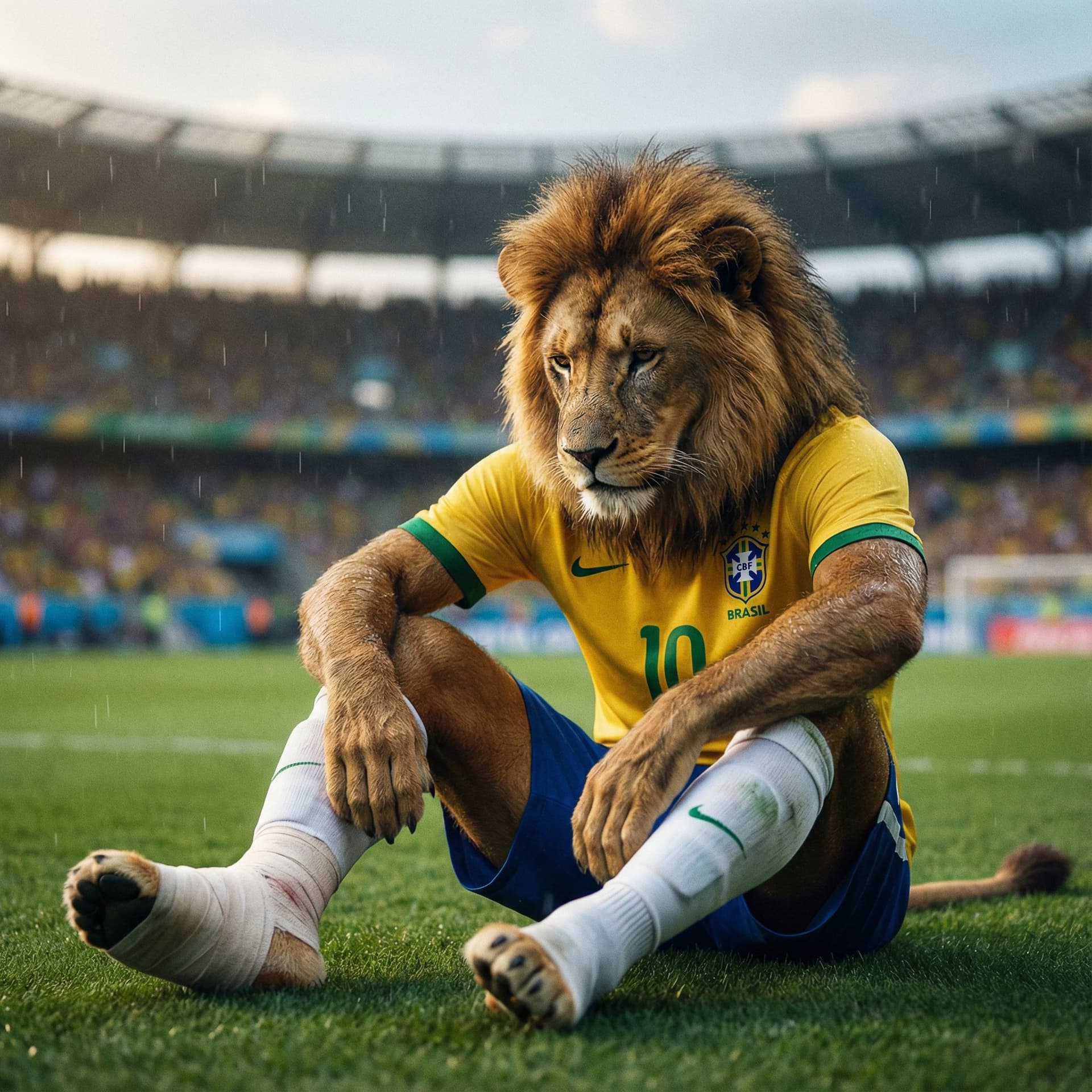 AI generated:  um  leao Jogador de futebol profissional sentado no gramado de um estádio, usando camisa da Seleção...