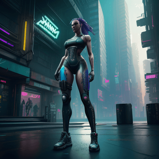 AI generated: wide angle action shot of a beautiful cyberpunk android, gym instructor body, in a cyberpunk city, h...
