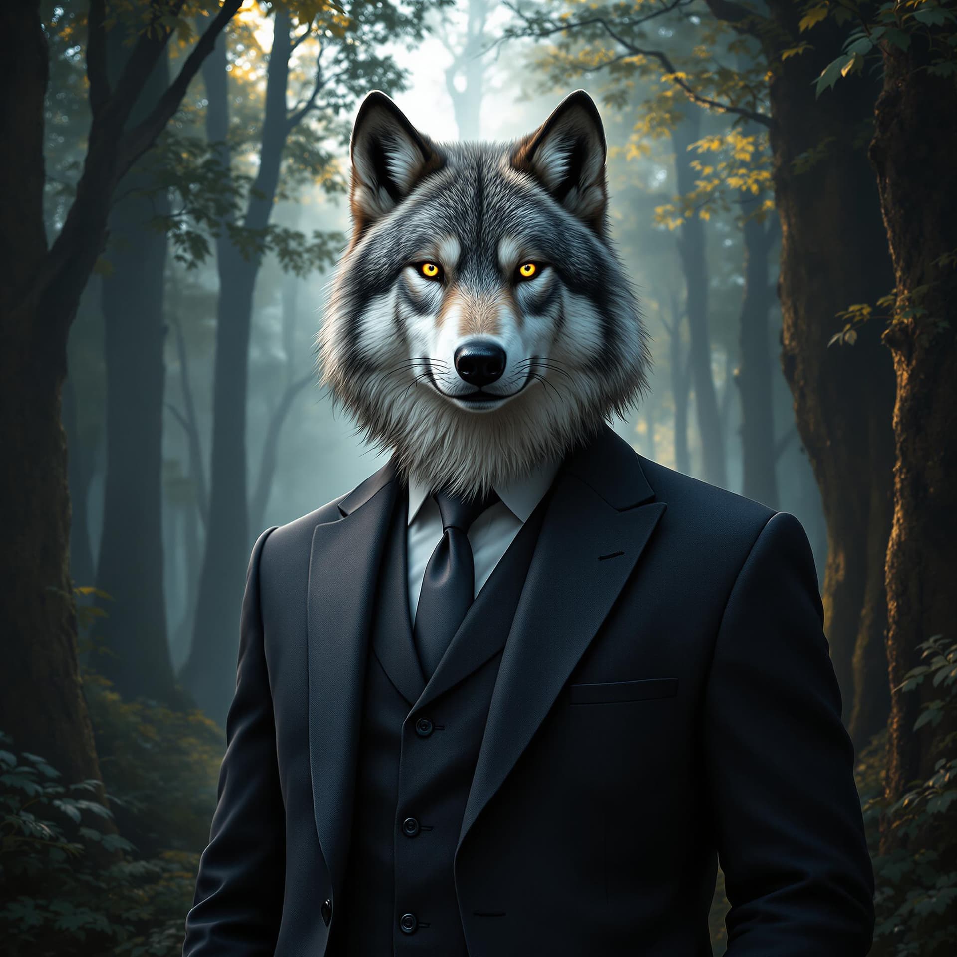 AI generated: Create a highly detailed and professional portrait of a majestic grey and navy wolf wearing a tailor...
