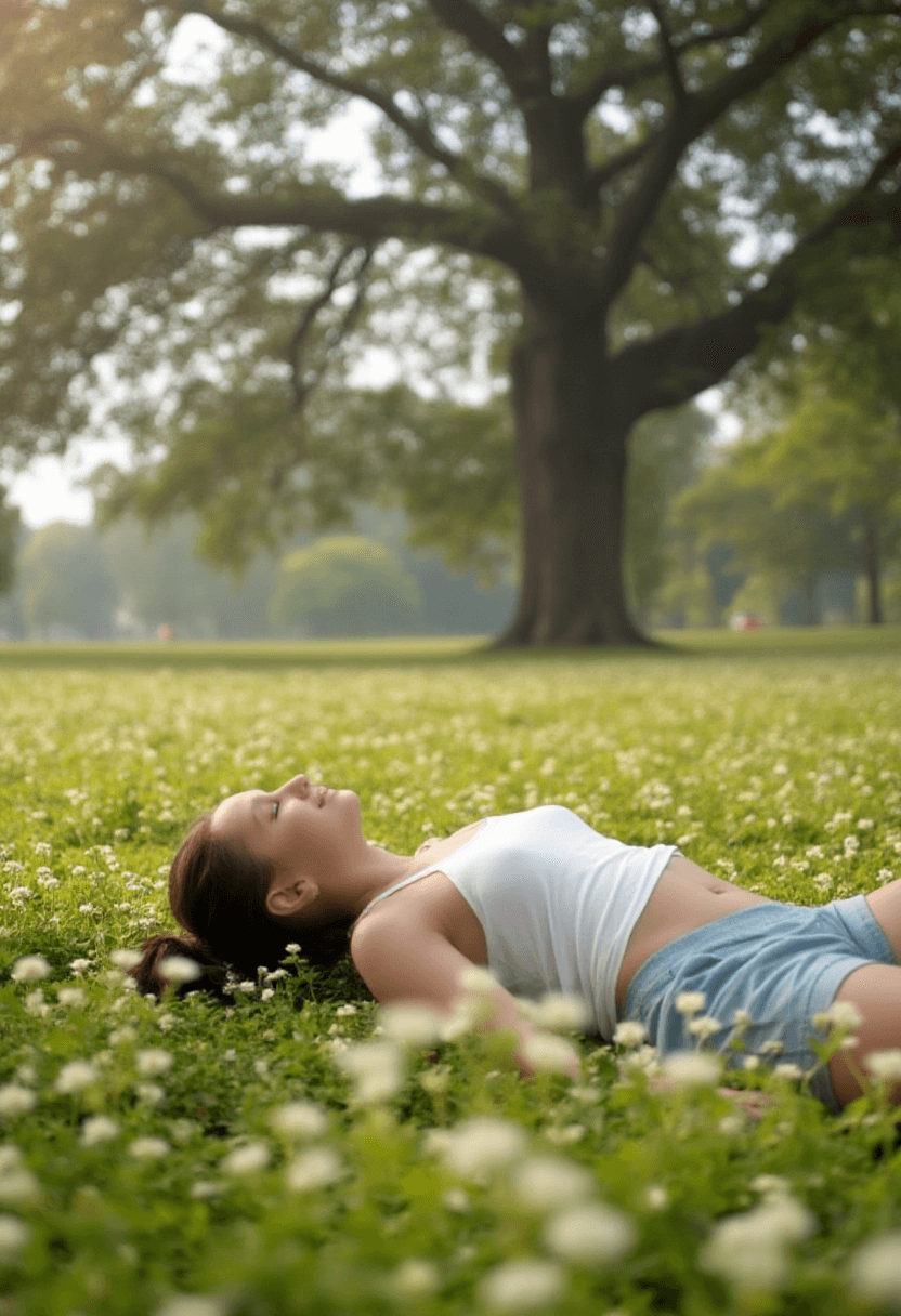 AI generated: Create a photorealistic depiction of a fit adult woman lying on her back in a field of wildflowers u...