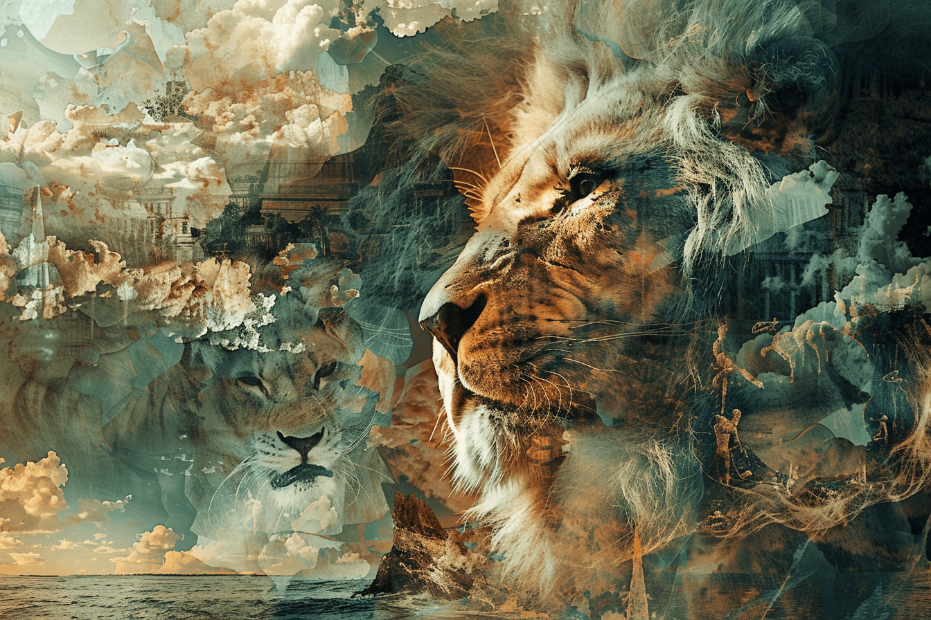 AI generated: art work like Salvador Dalí in the digital age, bizarre creatures like real lions in the bizarre shr...