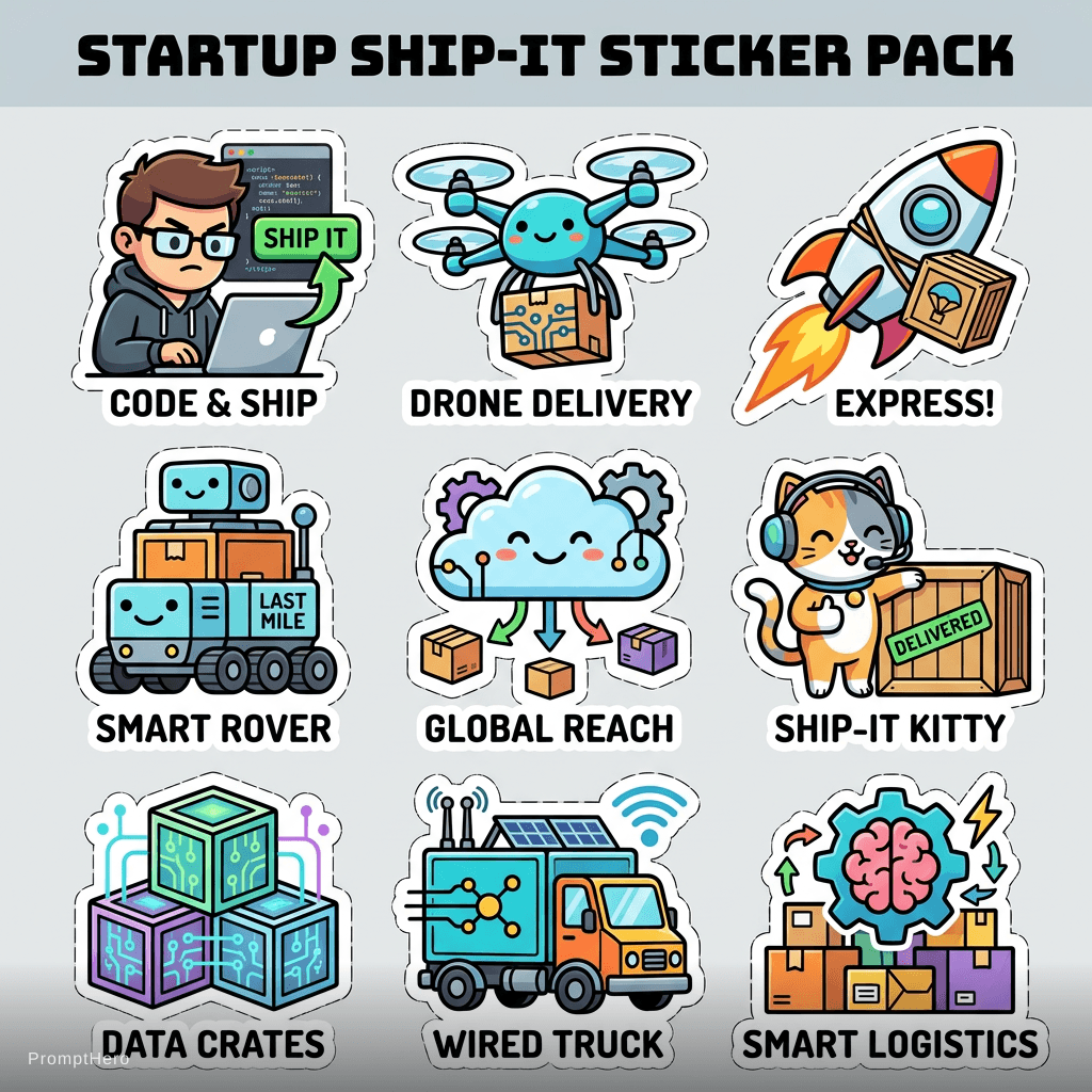AI generated: tech startup stickers, that parcel ship