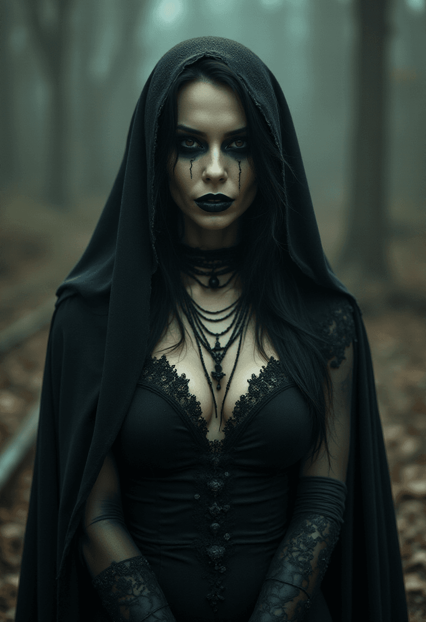 AI generated: A portrait of a woman in a gothic style, set against a misty forest backdrop. She is adorned in a bl...