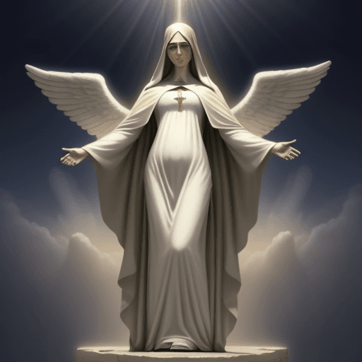 AI generated: Virgin Mary appears from heaven, full body, fromt facing, radiating love, speaking with a crowd, ang...