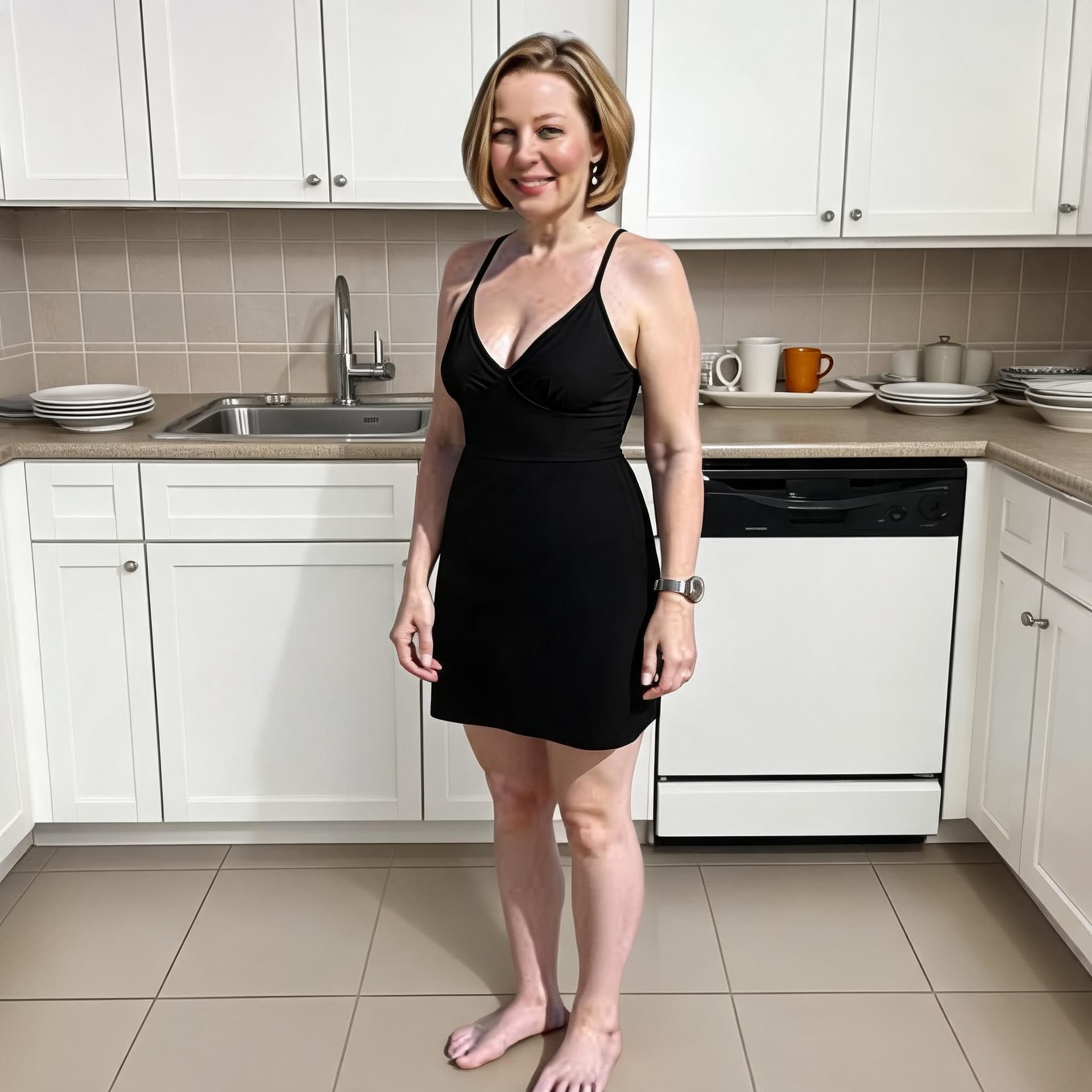 AI generated: Shorter dress in kitchen 