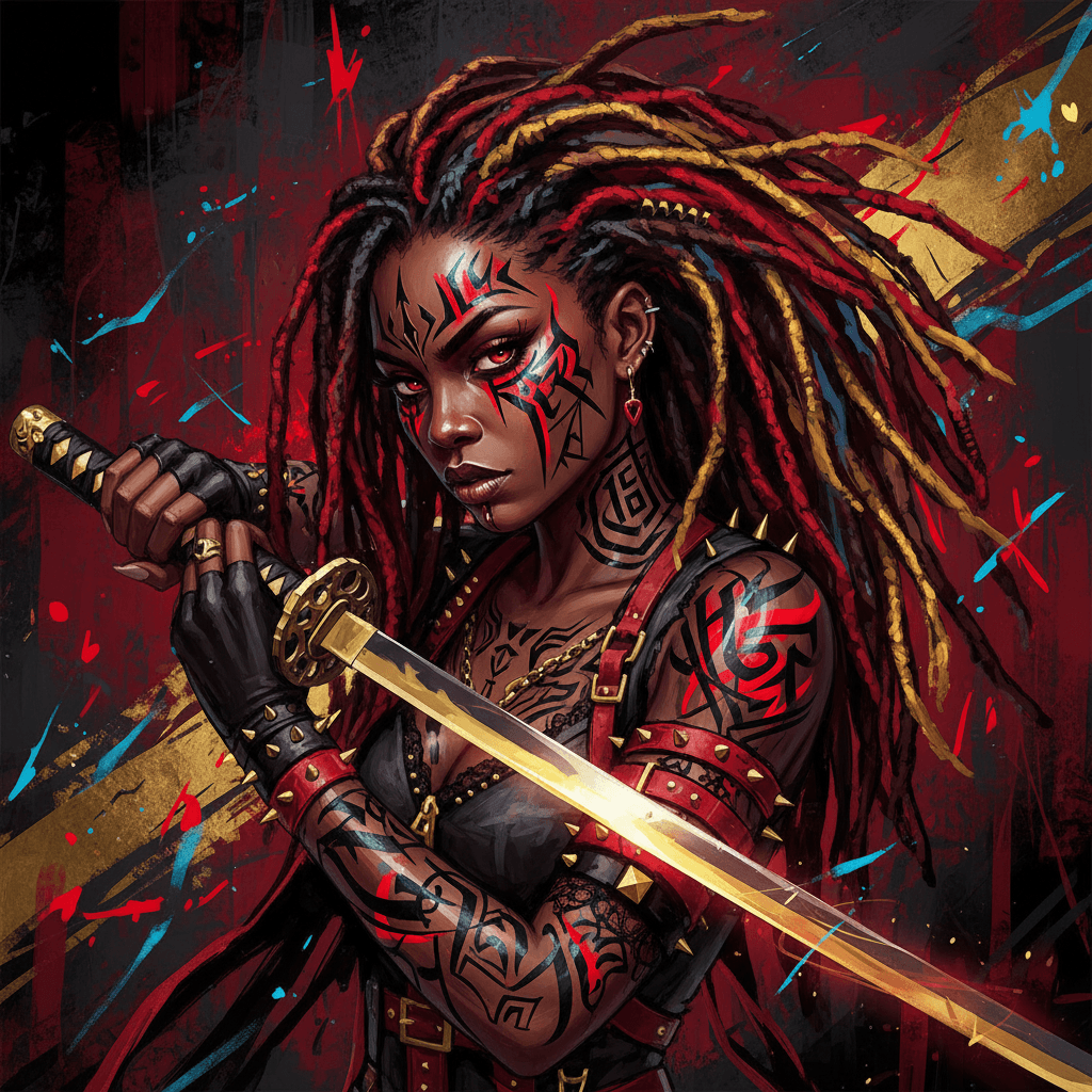 AI generated: Editorial Vivienne Tam photography of a gothic punk rebel African American[woman]  with locs with ne...