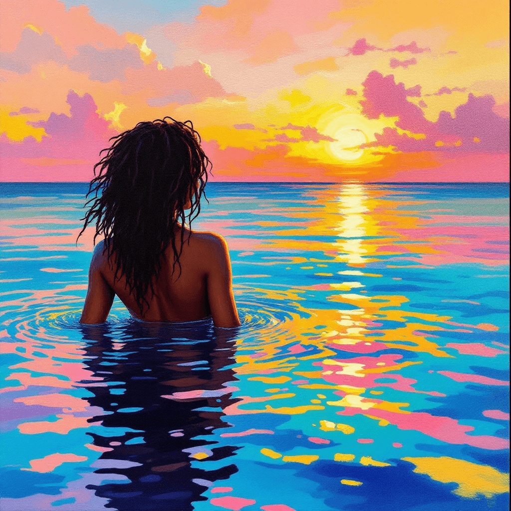 AI generated:  A back oil painting of an African American disheveled woman swimming on the beach at sunset. The wa...