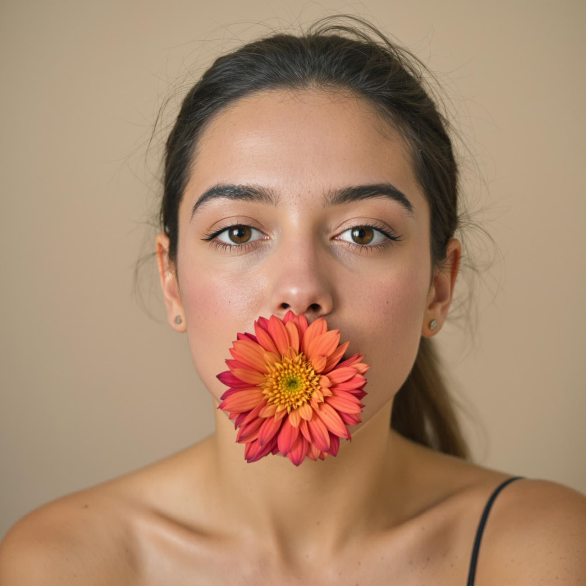 AI generated: half body shot of models face with a flower in her mouth, and captivating gaze. 