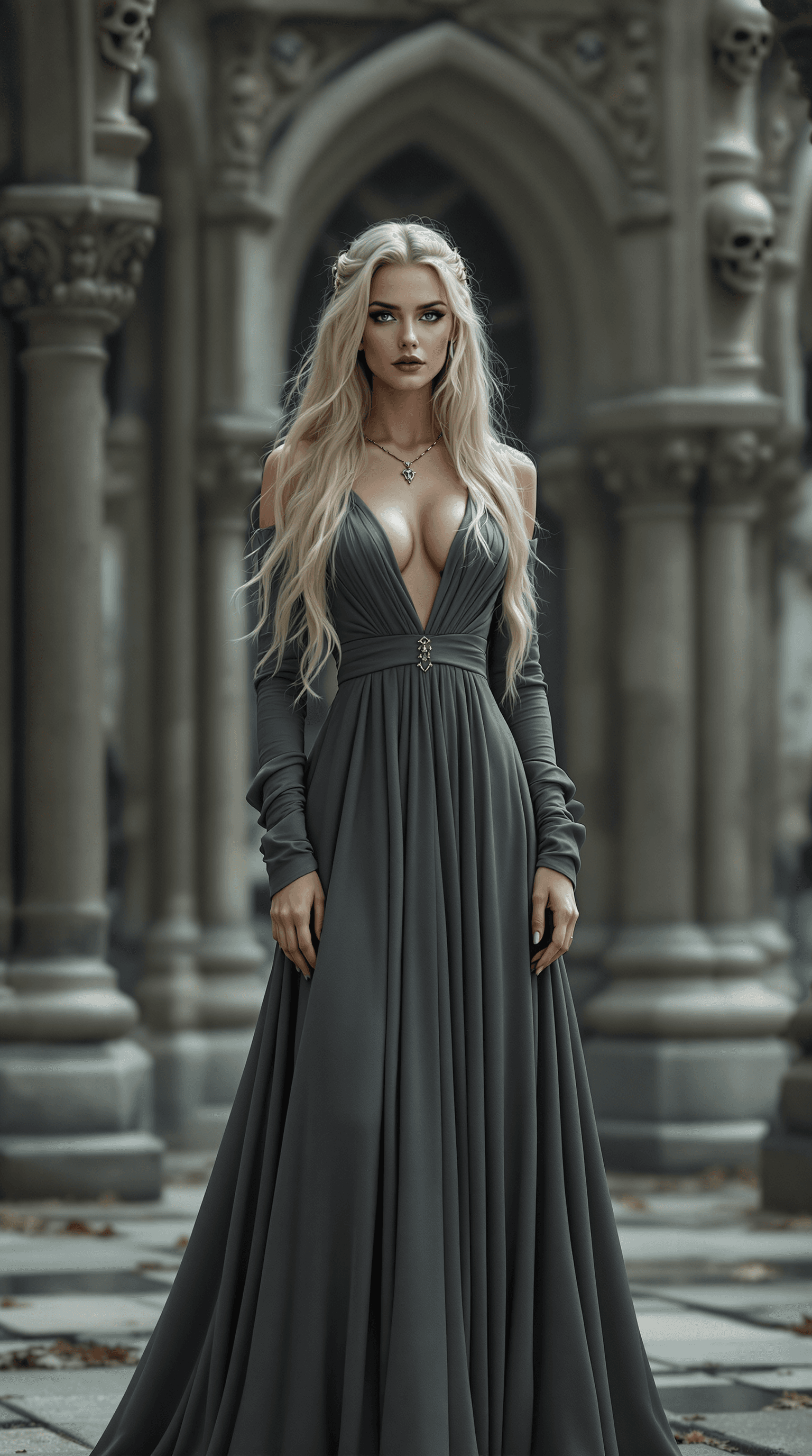 AI generated: A stunning medieval blonde woman with long flowing hair, wearing a long, elegant grey dress with a p...