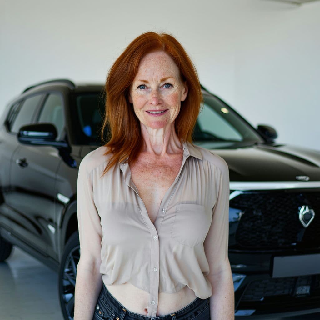 AI generated: A Hyper realistic woman standing on a modern car, with a generous and curvy figure, with an
curvaceo...