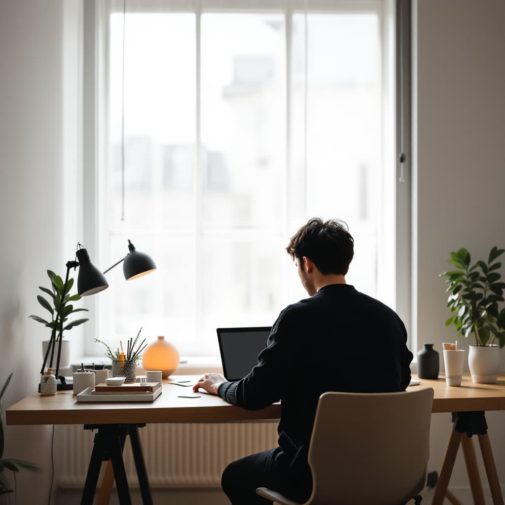 AI generated: modern, minimalist workspace, focused designer korea hansome young man silhouete at a woodstyle desk...